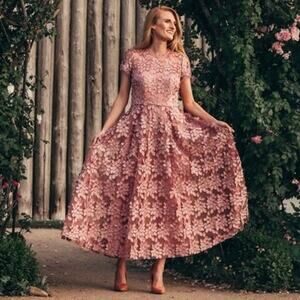 BHLDN Pink Floral Lace Midi Dress NWT